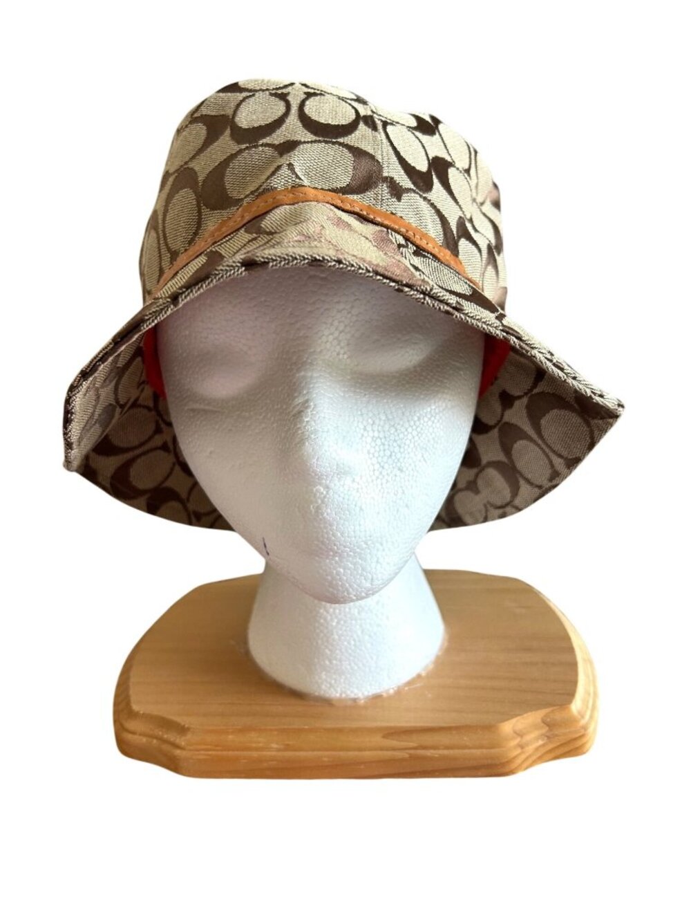 Coach Y2K Unisex Small Tan Signature Pattern Bucket Hat With Leather Trim
